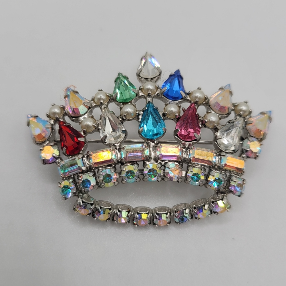 Vintage B David Signed Crown Tiara Rhinetone Brooc